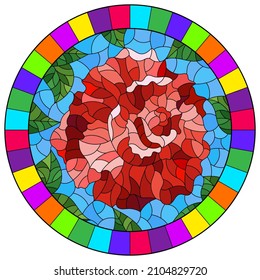 Illustration in stained glass style with a bright red rose flower on a blue background, round image in bright frame