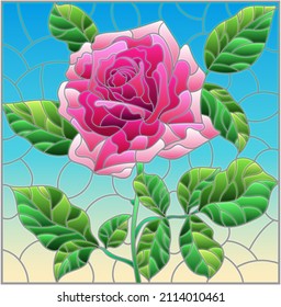 Illustration in stained glass style with a bright pink roses flowers on a blue background, rectangular image