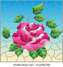 Illustration in stained glass style with a bright pink rose flower on a blue background, rectangular image