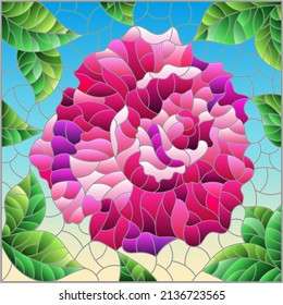 Illustration in stained glass style with a bright pink rose flower on a blue background, square image