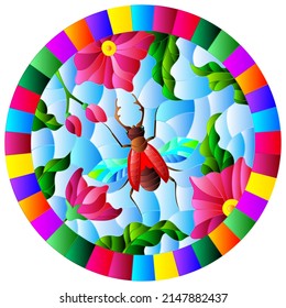 Illustration in stained glass style with a bright pink flowers and red bug on a blue background, round image in bright frame