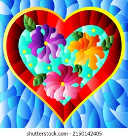 Illustration in stained glass style with bright red heart and flowers on blue background