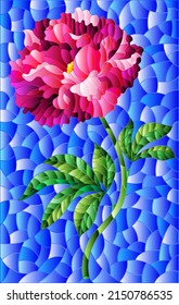 Illustration in stained glass style with a bright pink peony flower on a blue background, rectangular image