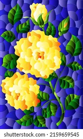 Illustration in stained glass style with a bright yellow roses flowers on a blue background, rectangular image