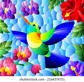 Illustration in stained glass style with a bright Hummingbird bird on the background of the sky and flowers of orchids and hibiscus