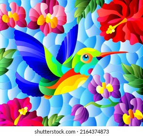 Illustration in stained glass style with a bright Hummingbird bird on the background of the sky and flowers of orchids and hibiscus