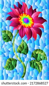 Illustration in stained glass style with bright pink flower on a blue sky background, rectangular image