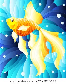 Illustration in stained glass style with bright gold fish on the background of water and air bubbles