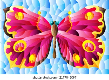 Illustration in stained glass style with a bright pink butterfly on a blue background , rectangular image