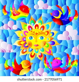 Illustration in stained glass style with bright cute birds and a sun on a background of blue sky, rectangular image