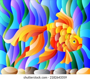 Illustration in stained glass style with bright gold fish on the background of water  , round image