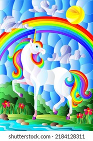 Illustration in stained glass style with bright unicorn on the background of a stream, cloudy sky with rainbow and sun