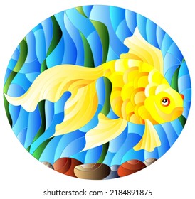 Illustration in stained glass style with bright gold fish on the background of water  , round image