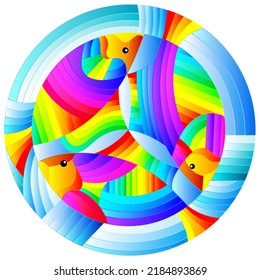 Illustration in stained glass style with bright rainbow abstract fish on a geometric blue background, round image