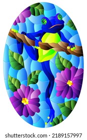 Illustration in stained glass style with bright red frog on plant branches background with flowers and leaves  on sky background, oval image