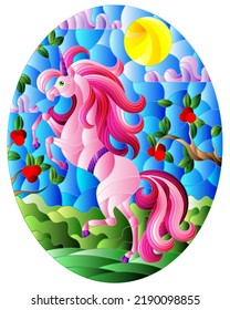 Illustration in stained glass style with a bright pink unicorn on the background of Apple trees, cloudy sky and sun, oval image