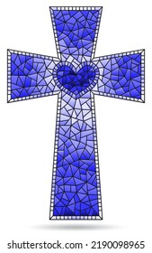 Illustration in stained glass style with bright Christian crosses with heart isolated on white background, monochrome,tone blue