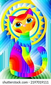 Illustration in stained glass style with a bright rainbow cat  on the background of an abstract geometric sky and sun, rectangular image