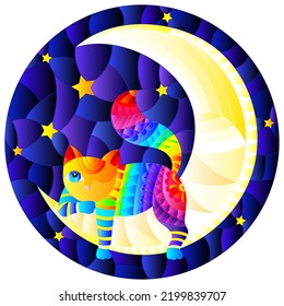 Illustration in the stained glass style with a bright cartoon cat on the moon on the background of the starry sky, round image