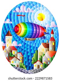 Illustration in stained glass style with bright rainbow balloon flying over the city on the background of cloudy sky and sun, oval image