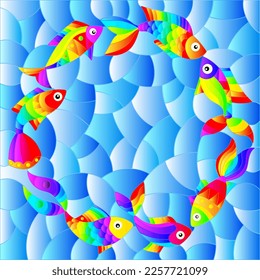 Illustration in stained glass style with bright rainbow abstract fish on a blue background