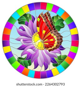 Illustration in stained glass style with a bright red butterfly on a purple flower, round image in a bright frame