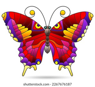 Illustration in stained glass style with a bright butterfly on a blue background, rectangular image