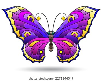 Illustration in stained glass style with a bright butterfly on a blue background, rectangular image