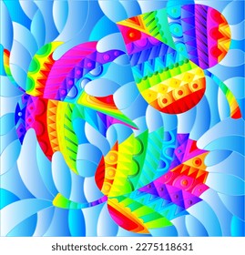 Illustration in stained glass style with bright iridescent abstract leaves, patterned leaves on a blue background