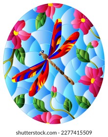 Illustration in stained glass style with bright red  dragonfly against the sky, foliage and pink flowers,oval image