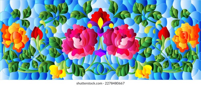 Illustration in stained glass style with bright intertwined roses on a blue background, horizontal orientation