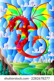 Illustration in stained glass style with bright dragon on landscape and blue sky background