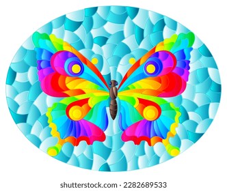 Illustration in stained glass style with a bright rainbow butterfly on a blue background, oval image