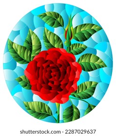 Illustration in stained glass style with a bright red roses flowers on a blue background, oval image
