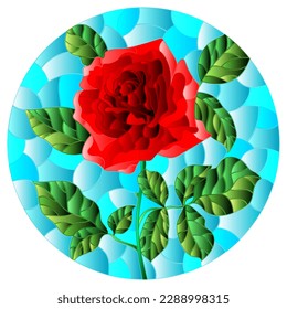 Illustration in stained glass style with a bright red roses flowers on a blue background, oval image
