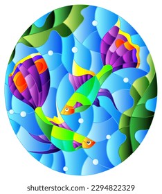 Illustration in stained glass style with bright fishes on the background of water and algae, oval image 