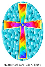 Illustration in stained glass style with a bright Christian cross on a blue background , oval image