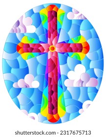 Illustration in stained glass style with bright cross on a background of blue sky and clouds,oval image 