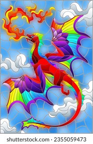 Illustration in stained glass style with bright dragon with flames against the sky and clouds background