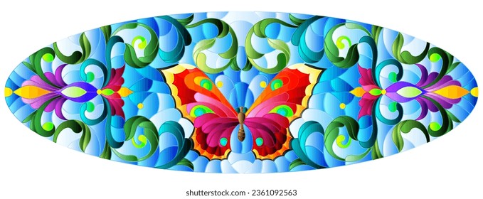 Illustration in stained glass style with a bright butterfly, flowers and swirls on a blue background, oval horizontal illustration