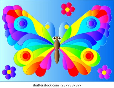 Illustration in stained glass style with a bright rainbow butterfly on a blue background, rectangular image