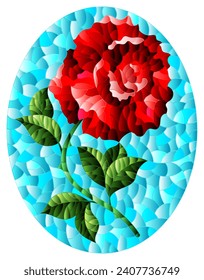 Illustration in stained glass style with a bright red rose flower on a blue background, oval image