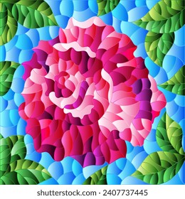 Illustration in stained glass style with a bright pink rose flower on a blue background, square image