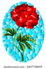 Illustration in stained glass style with a bright red peony flower on a blue background, oval image