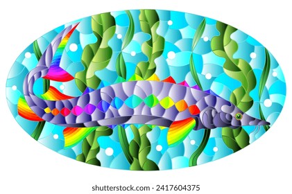 Illustration in stained glass style with bright abstract sturgeon fish on the background of algae, air bubbles and water, oval image