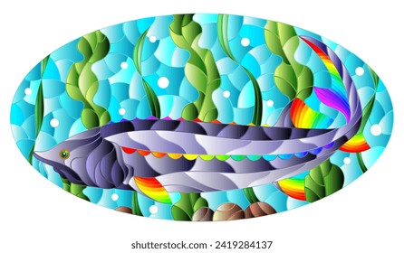 Illustration in stained glass style with bright abstract beluga fish on the background of algae, air bubbles and water, oval image