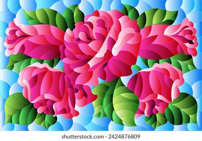 Illustration in stained glass style with a bright pink roses flowers on a blue background, rectangular image
