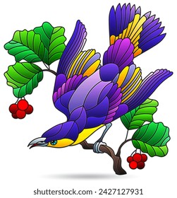 Illustration in stained glass style with bright bird, animal on branches isolated on a white background