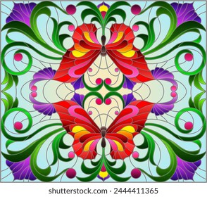 Illustration in stained glass style with bright red butterflies, flowers and leaves, on a yellow background