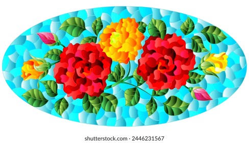 Illustration in stained glass style with a bright red rose flowers on a blue background, oval image